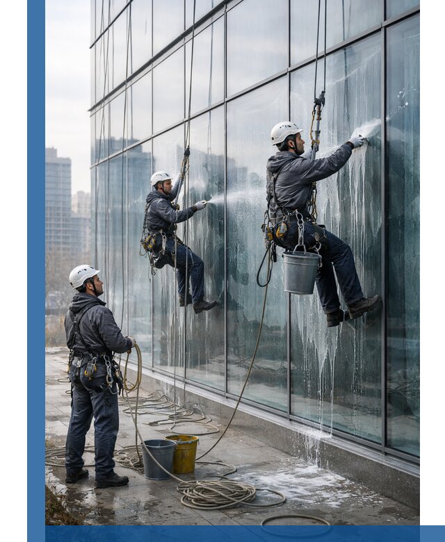 Промышленная мойка панорамных окон на высоте в Новокуйбышевске