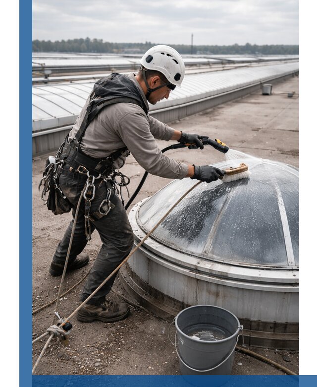 Мойка зенитных фонарей на кровле для промышленных объектов в Новокуйбышевске