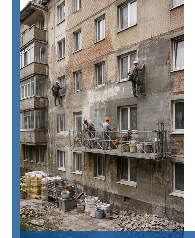 Капитальный ремонт фасада в Новокуйбышевске с восстановлением и гидроизоляцией