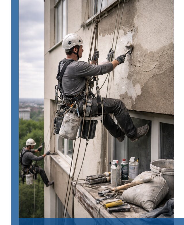 Косметический ремонт фасада зданий в Новокуйбышевске промышленными альпинистами
