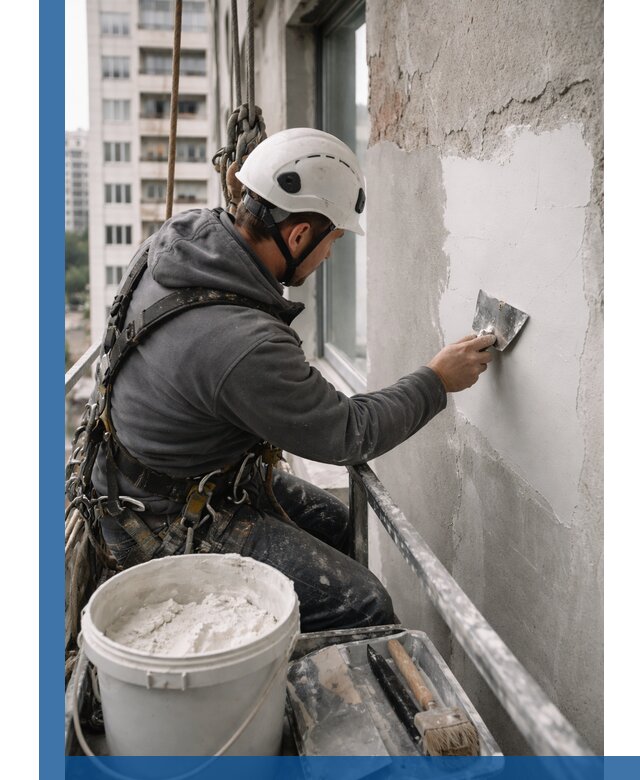 Шпаклевка фасадов на высоте с промальпинистами в Новокуйбышевске