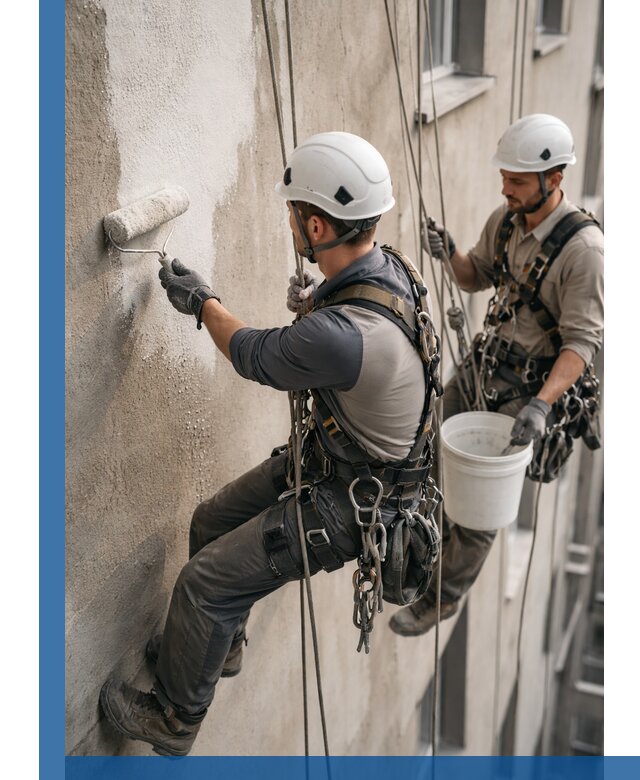 Грунтовка фасада на высоте в Новокуйбышевске промышленными альпинистами