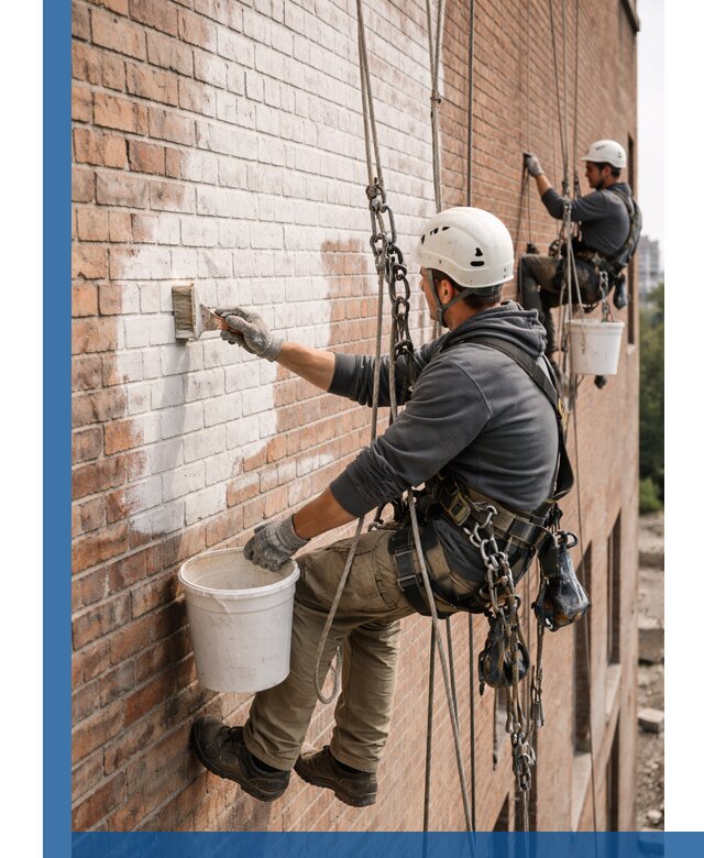 Покраска кирпичного фасада с доступным альпинистским сервисом в Новокуйбышевске