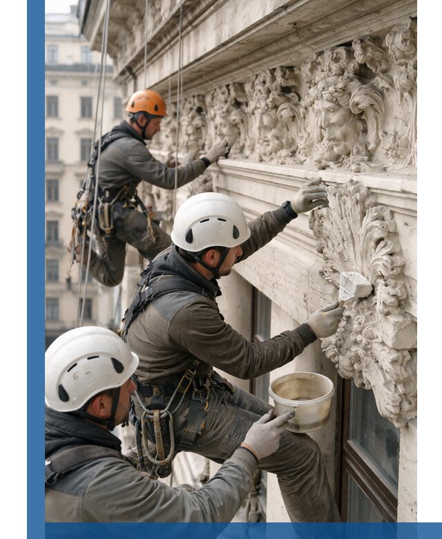 Реставрация фасадной лепнины с высотными работами в Новокуйбышевске