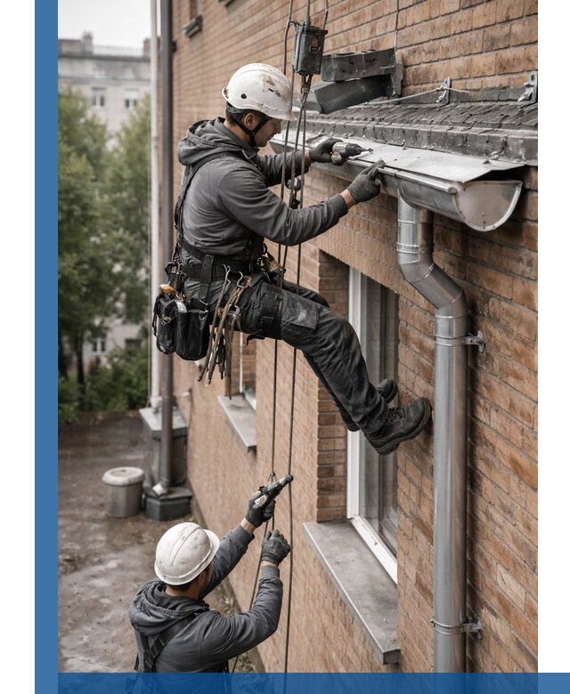 Монтаж водосточной системы на здании в Новокуйбышевске под ключ