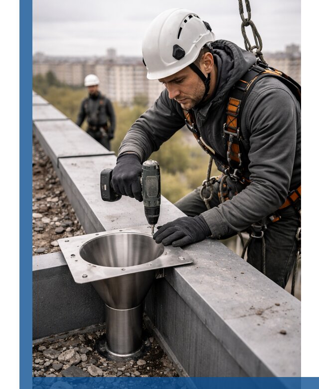 Монтаж водосточных воронок в Новокуйбышевске для промышленных зданий