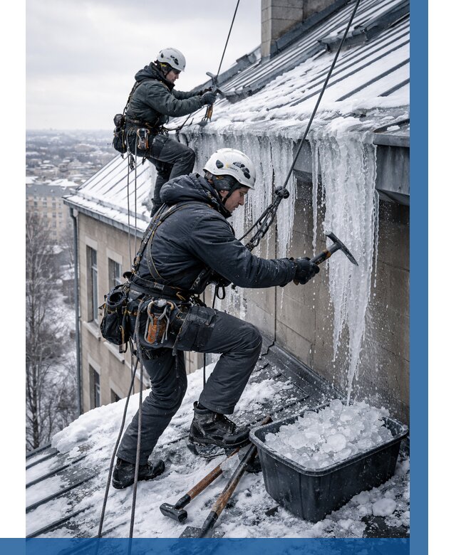 Удаление наледи с кровли в Новокуйбышевске от 5633 р. | ВЫСОТНИК-Нвб