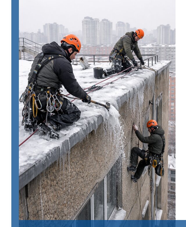 Удаление наледи с кровли в Новокуйбышевске промышленными альпинистами
