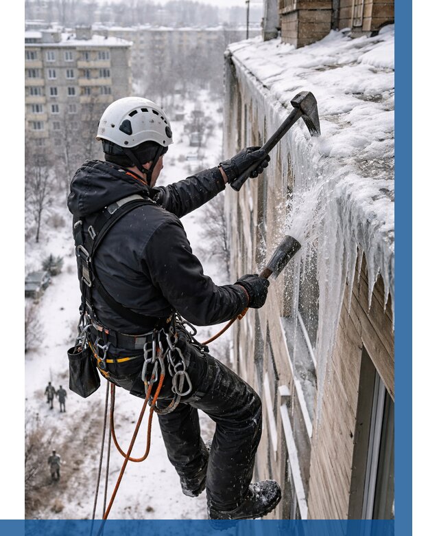 Сбивание сосулек с крыши в Новокуйбышевске по цене от 4609 р. | ВЫСОТНИК-Нвб