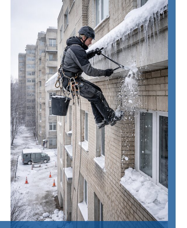 Удаление наледи с карнизов в Новокуйбышевске от 358 р. | ВЫСОТНИК-Нвб