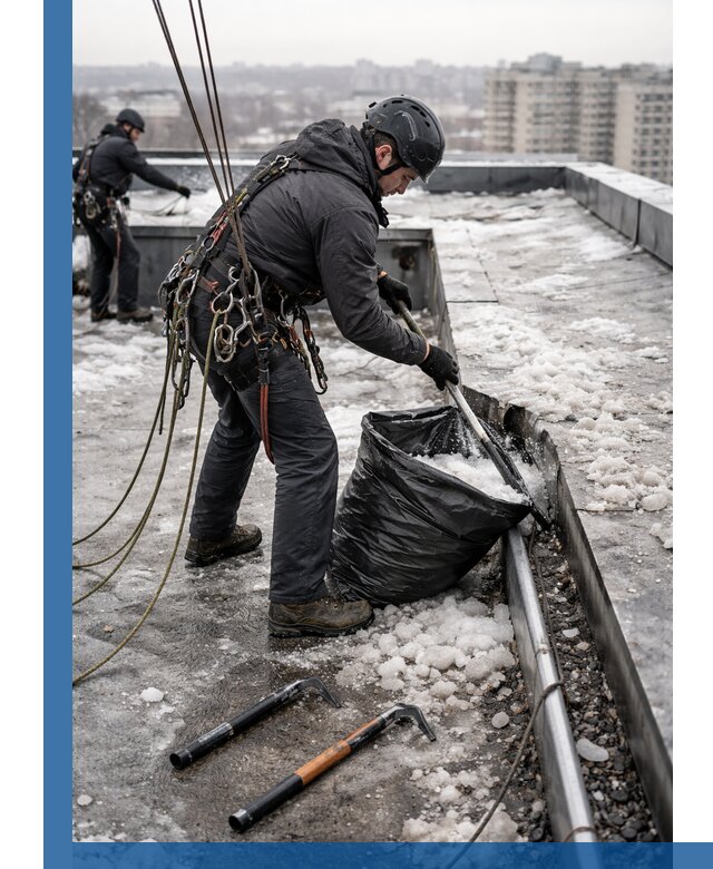 Аварийная очистка кровли в Новокуйбышевске от промальпинистов