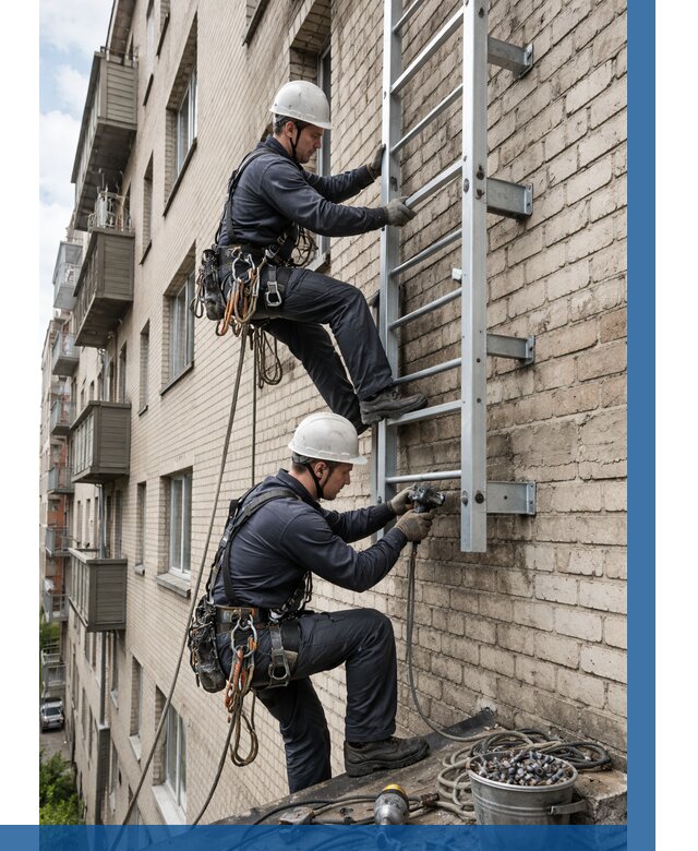 Монтаж пожарной лестницы в Новокуйбышевске от 25605 р заказать у ВЫСОТНИК-Нвб