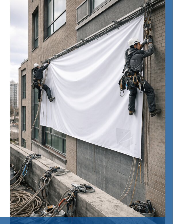 Монтаж баннеров на фасаде в Новокуйбышевске от 666 р. заказать ВЫСОТНИК-Нвб