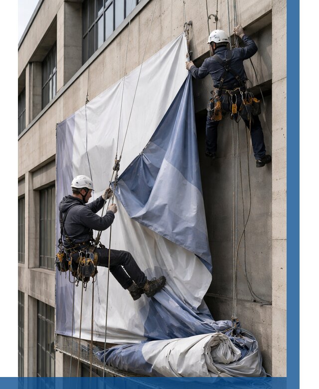 Демонтаж баннеров с фасада в Новокуйбышевске от 4609 р. | ВЫСОТНИК-Нвб