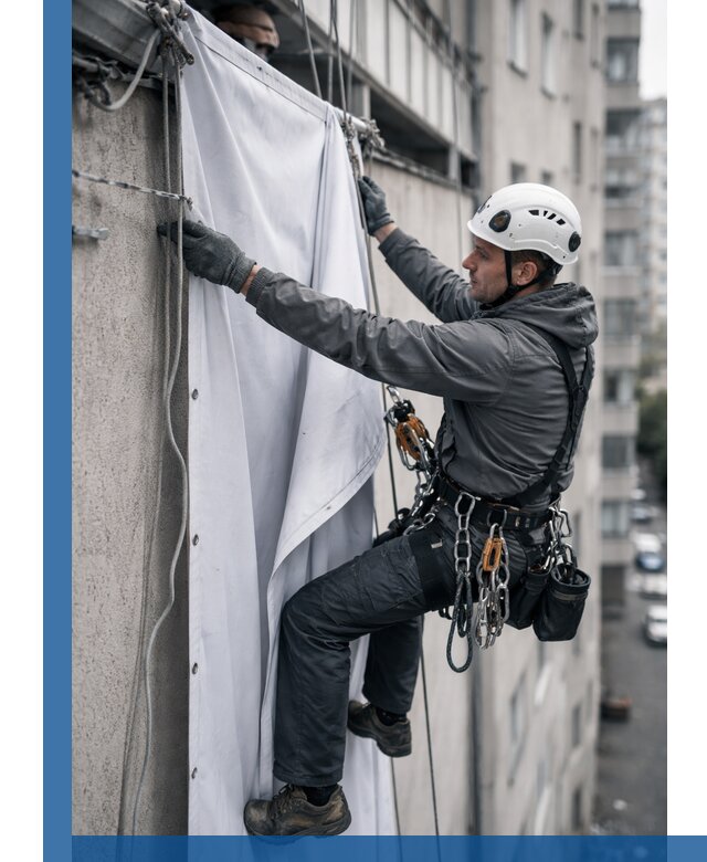 Замена баннерного полотна промышленными альпинистами в Новокуйбышевске