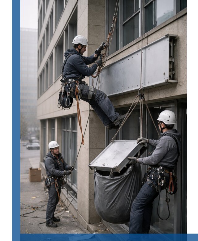 Демонтаж рекламной вывески с высотными работами в Новокуйбышевске