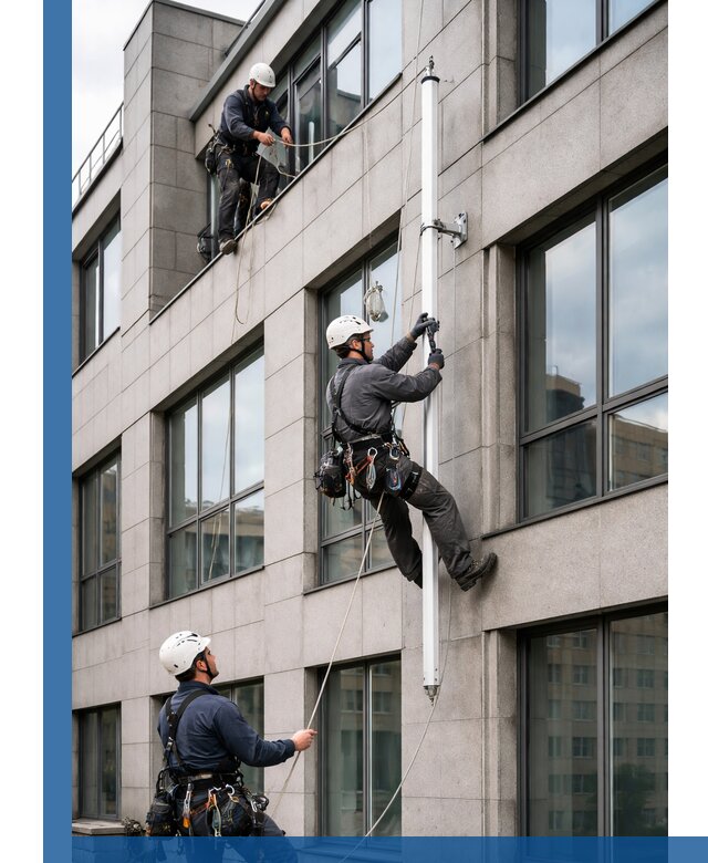 Монтаж флагштока на фасаде здания с креплением и герметикой в Новокуйбышевске