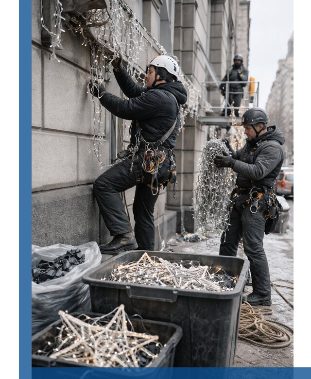 Демонтаж новогоднего оформления и гирлянд в Новокуйбышевске