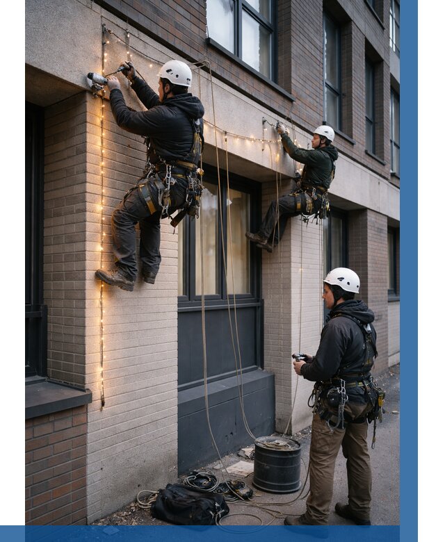 Монтаж гирлянд на фасаде в Новокуйбышевске от 3585 р. | ВЫСОТНИК-Нвб