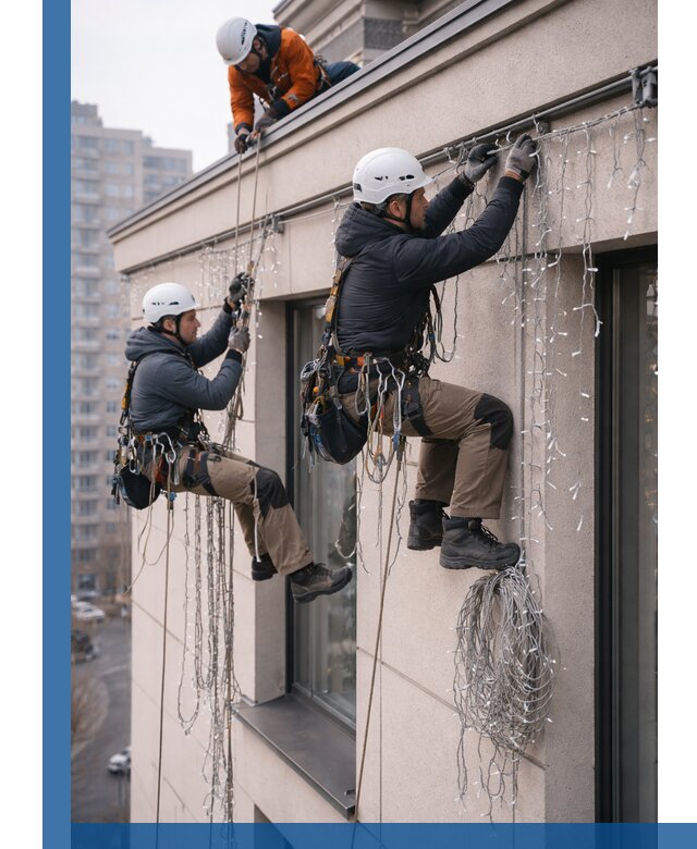 Монтаж праздничных гирлянд на фасаде в Новокуйбышевске для зданий