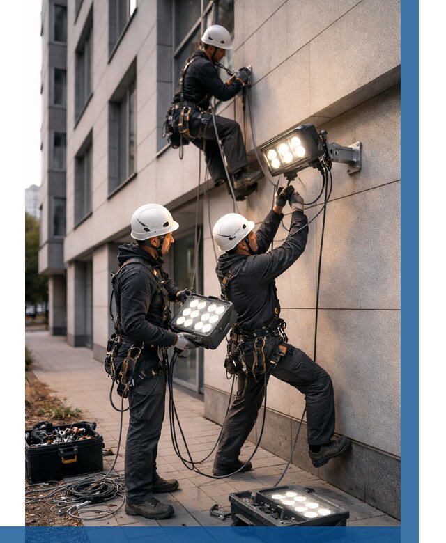 Монтаж прожекторов на фасаде в Новокуйбышевске от 7682 р. | ВЫСОТНИК-Нвб