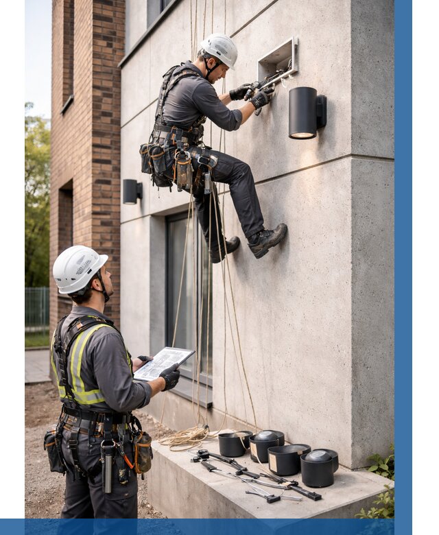 Монтаж фасадного освещения в Новокуйбышевске от 2561 р. | ВЫСОТНИК-Нвб