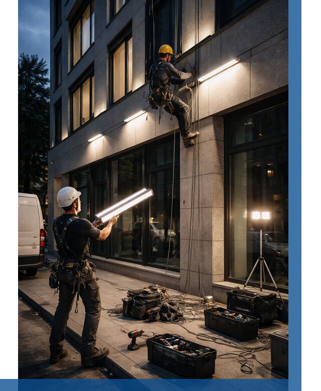 Монтаж архитектурной подсветки здания в Новокуйбышевске от 2561 р.|ВЫСОТНИК-Нвб