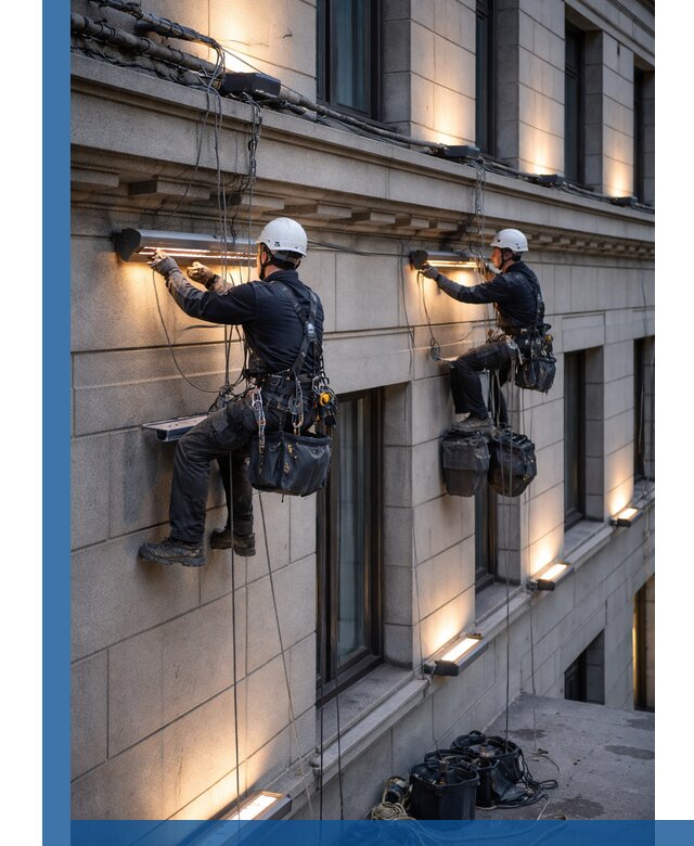 Монтаж архитектурной подсветки фасадов зданий в Новокуйбышевске