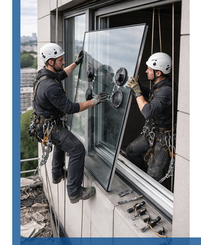 Замена стеклопакетов на высоте с промышленными альпинистами в Новокуйбышевске