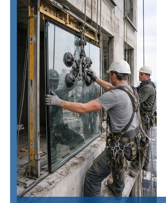 Монтаж стеклопакетов на высоте в Новокуйбышевске с промышленным альпинизмом
