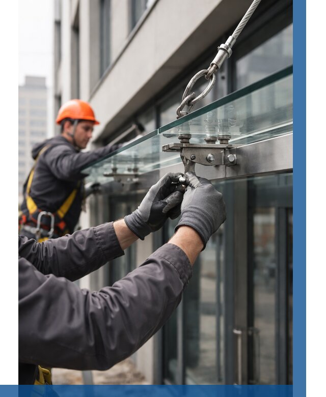 Монтаж стеклянных козырьков в Новокуйбышевске от 8706 р. | ВЫСОТНИК-Нвб