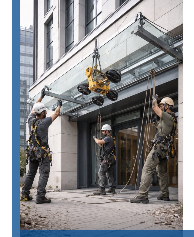 Монтаж стеклянных козырьков под ключ в Новокуйбышевске для зданий