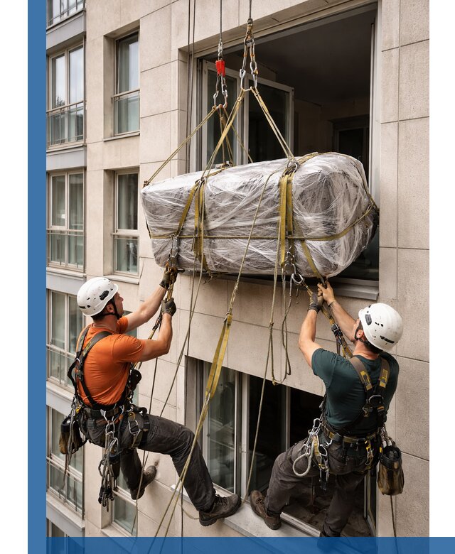 Подъем грузов через окно в Новокуйбышевске промышленными альпинистами