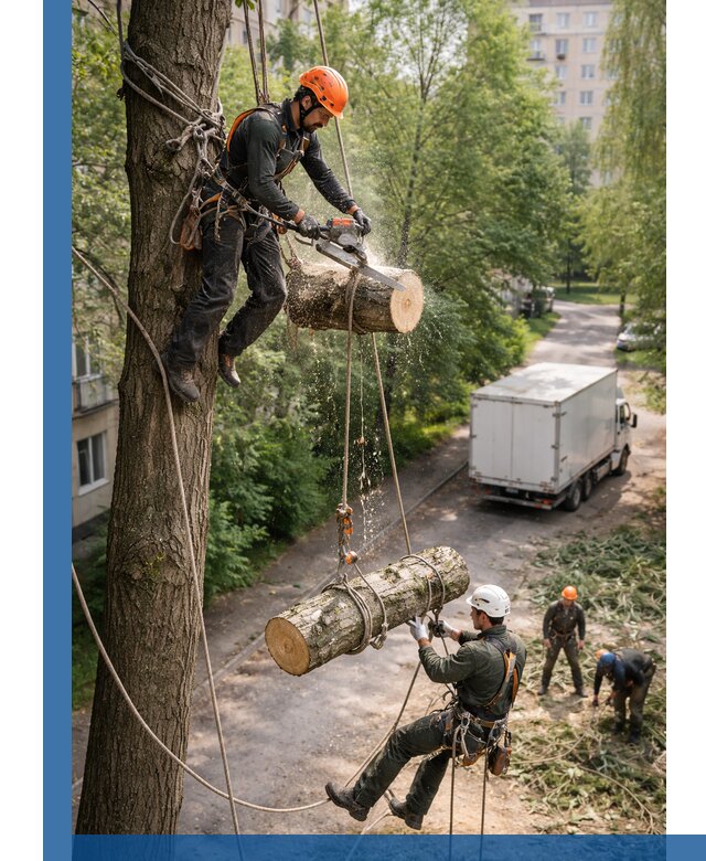 Спил деревьев альпинистами в Новокуйбышевске, безопасно и без повреждений