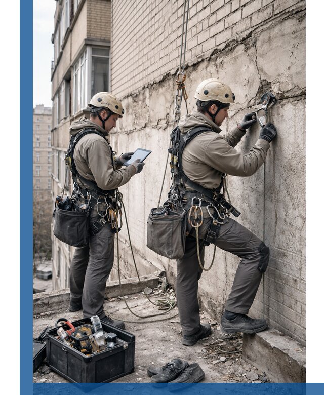 Обследование фасада промышленными альпинистами в Новокуйбышевске